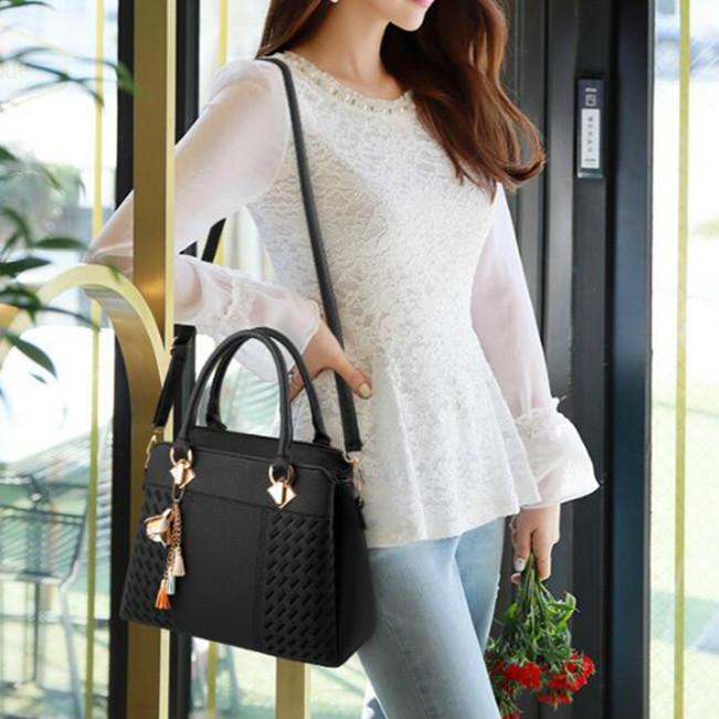 Simple Style Women Leather Crossbody Bag with Tassel Embroidery - Green