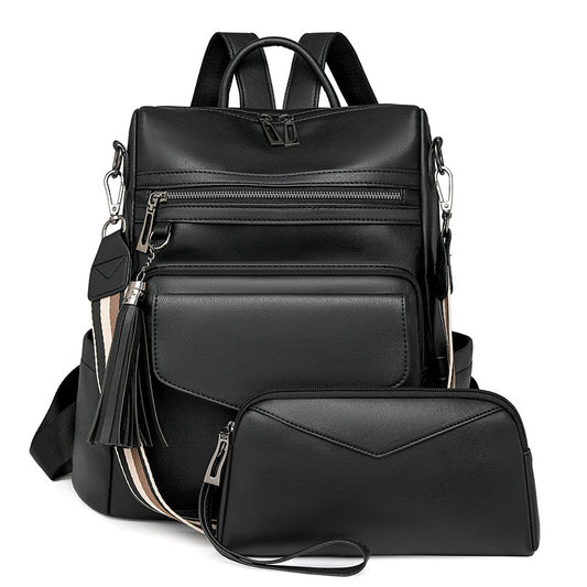 Black Fashionable Women's Backpack Set - With Coin Purse and Tassels
