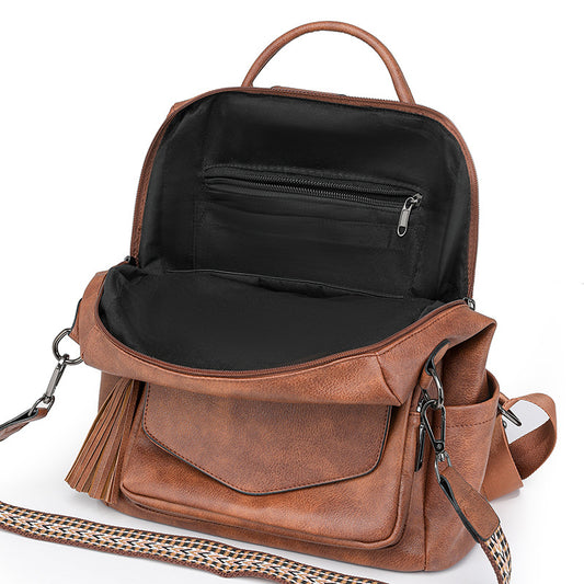 White With Brown Fashionable Women's Backpack Set - With Coin Purse and Tassels