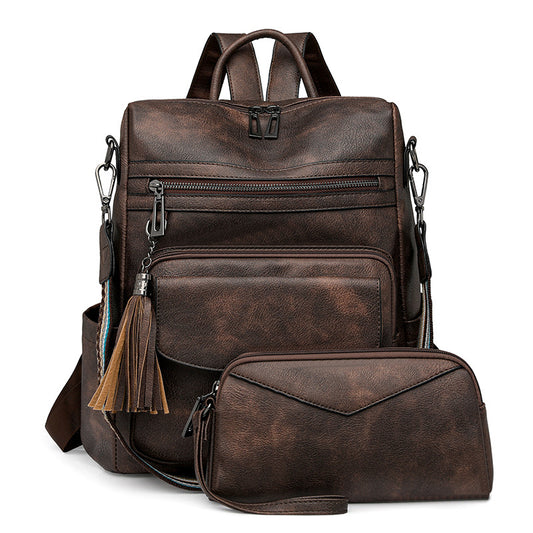 Coffee Rough Grain Fashionable Women's Backpack Set - With Coin Purse and Tassels