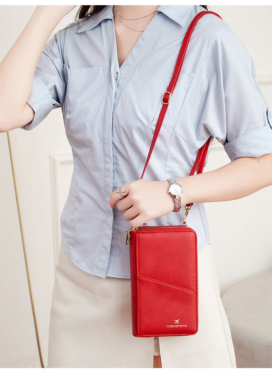 Red RFID Blocking Passport Wallet - Multi-Function Travel Organizer with Double Zipper and Crossbody Strap