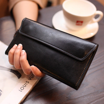 Black Women's Genuine Leather Long Wallet - Slim Business Clutch with Snap Closure, Multi-Card Holder