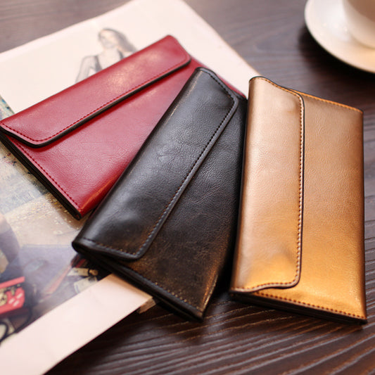 Brown Women's Genuine Leather Long Wallet - Slim Business Clutch with Snap Closure, Multi-Card Holder