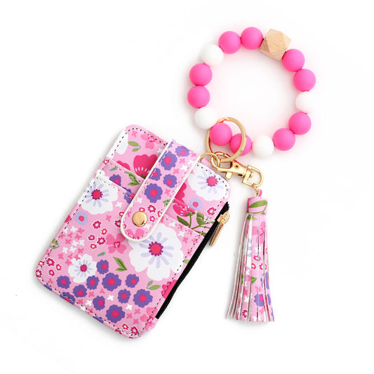 Floral Slim Card Holder Wallet with Beaded Keychain Bracelet & Tassel - 4 Card Slots, ID Window(Rose red)