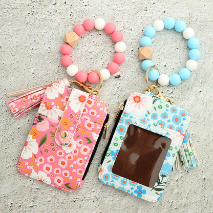 Floral Slim Card Holder Wallet with Beaded Keychain Bracelet & Tassel - 4 Card Slots, ID Window(Rose red)
