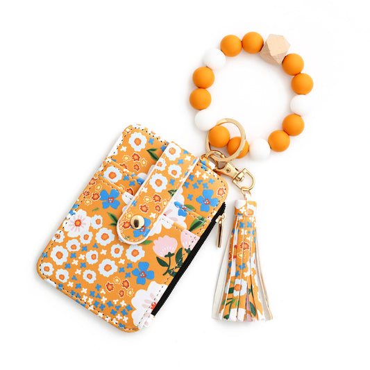 Floral Slim Card Holder Wallet with Beaded Keychain Bracelet & Tassel - 4 Card Slots, ID Window(Yellow)