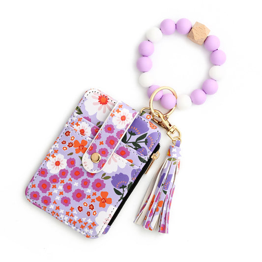 Floral Slim Card Holder Wallet with Beaded Keychain Bracelet & Tassel - 4 Card Slots, ID Window(Light purple)