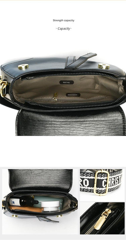 White Chic Saddle Crossbody Bag with Wide Guitar Strap - PU Leather