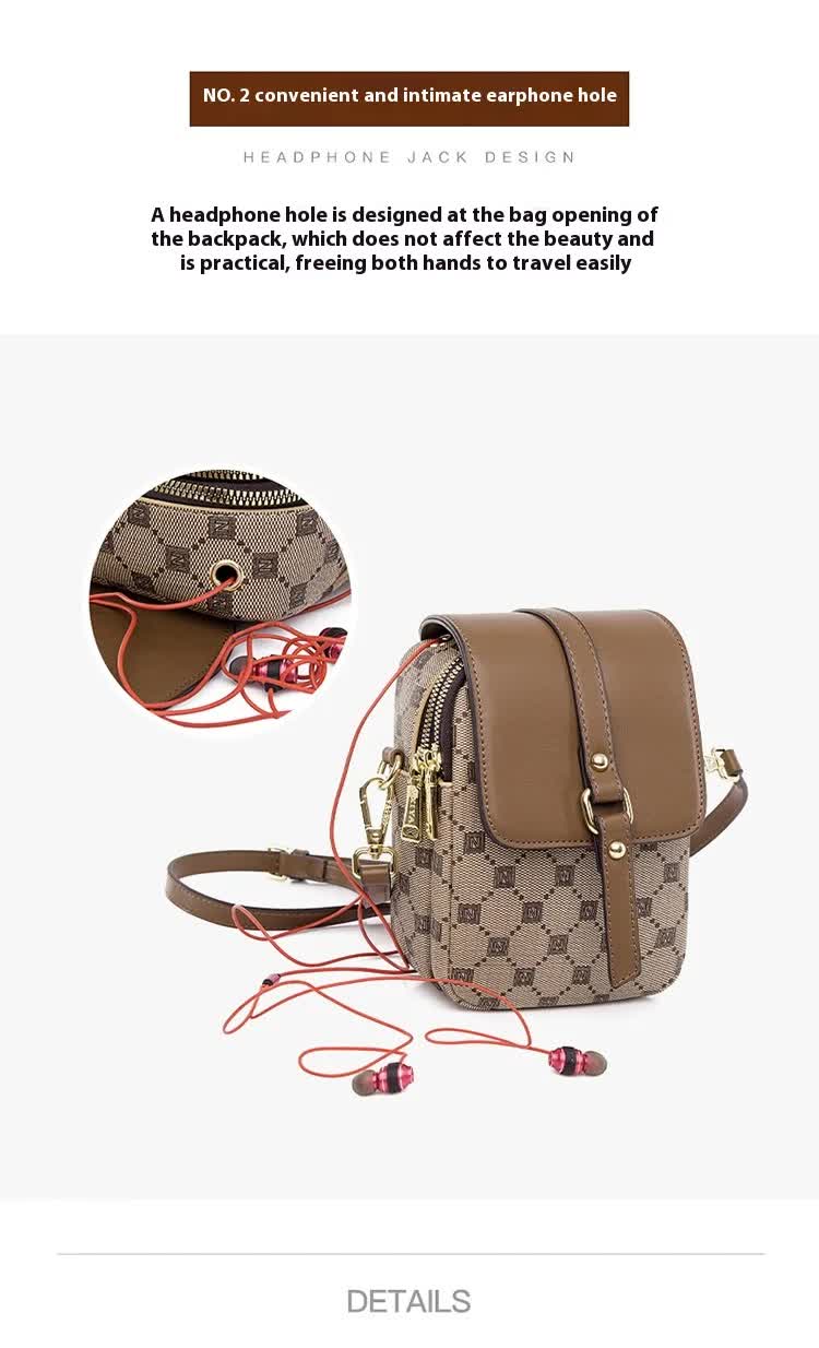 Brown and Beige Chic Diamond Mini Crossbody Phone Purse - PU Leather Vertical Shoulder Bag with Headphone Port