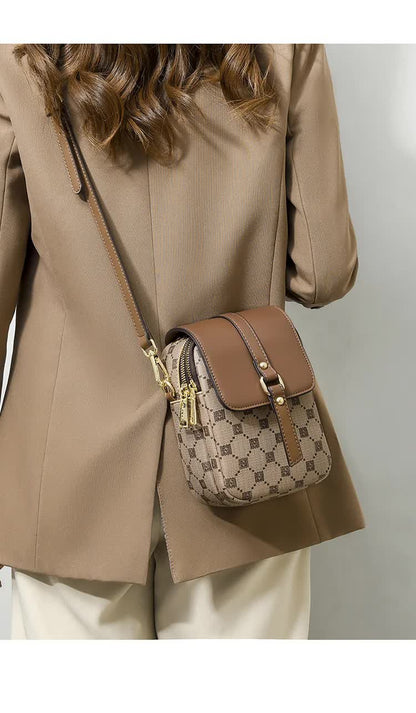 Brown and Beige Chic Diamond Mini Crossbody Phone Purse - PU Leather Vertical Shoulder Bag with Headphone Port
