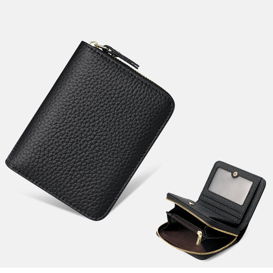 Black Compact RFID Genuine Leather Wallet for Women - Secure Zipper Card Holder & Coin Purse