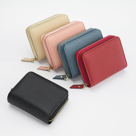 Blue Compact RFID Genuine Leather Wallet for Women - Secure Zipper Card Holder & Coin Purse