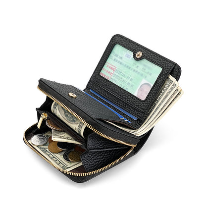 Blue Compact RFID Genuine Leather Wallet for Women - Secure Zipper Card Holder & Coin Purse
