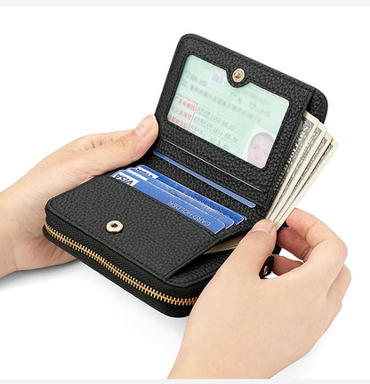 Blue Compact RFID Genuine Leather Wallet for Women - Secure Zipper Card Holder & Coin Purse