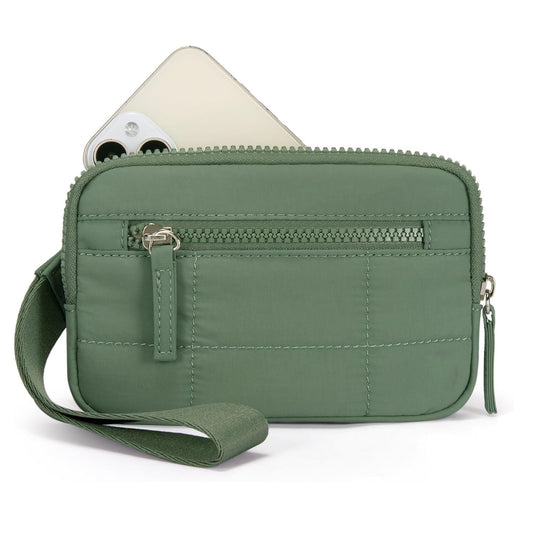 Green RFID Blocking Nylon Wristlet Clutch Wallet - Compact Waterproof Pouch with Card Slots & ID Window