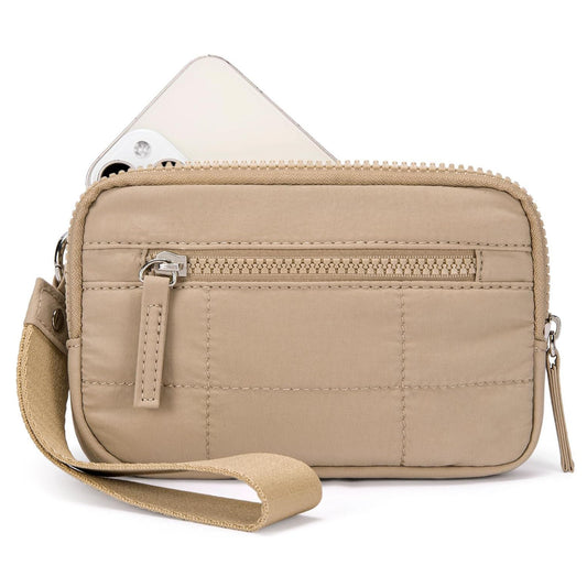 Khaki RFID Blocking Nylon Wristlet Clutch Wallet - Compact Waterproof Pouch with Card Slots & ID Window