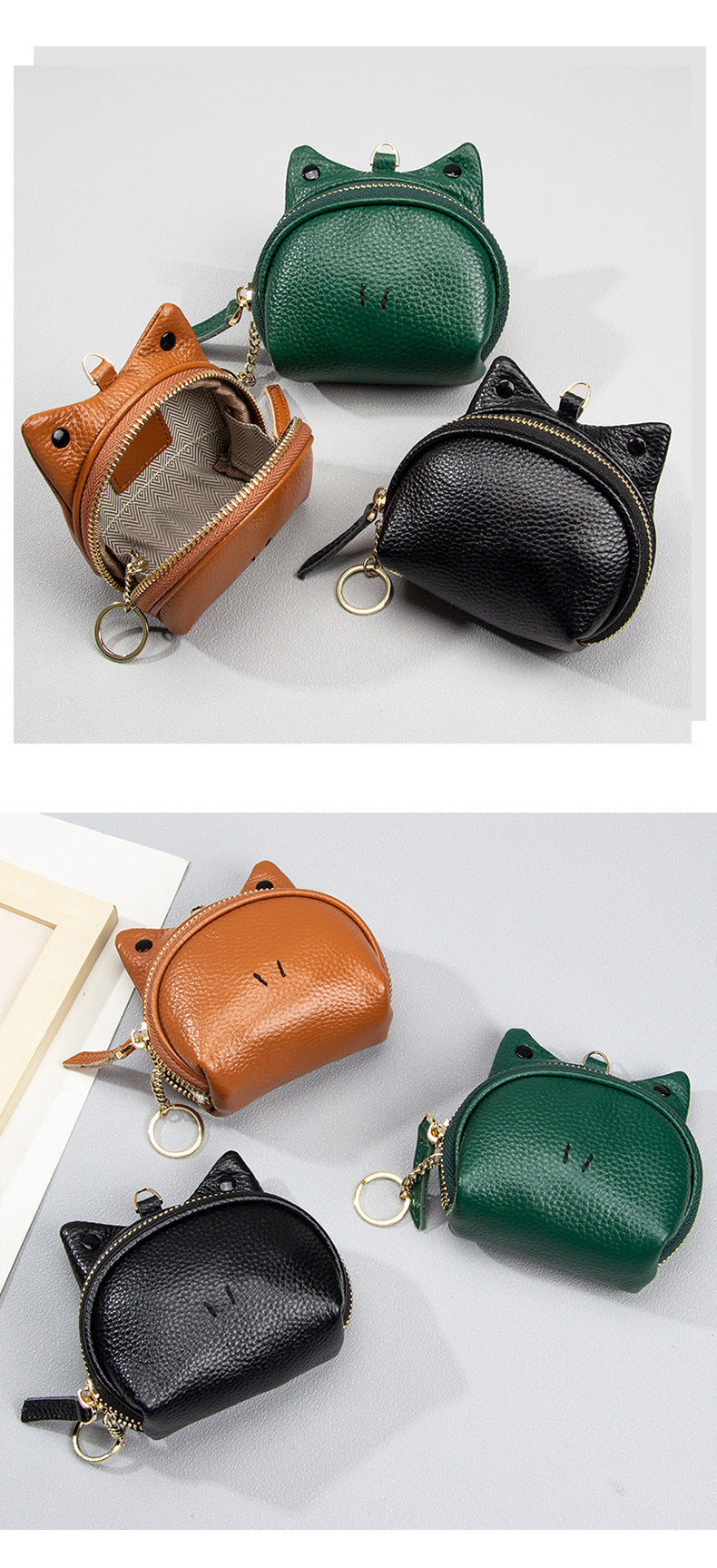 Grey Leather Frog Design Coin Purse - Cute Cartoon Mini Wallet Pouch for Keys & Coins with Keyring