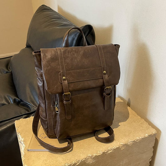Brown Vintage Style PU Leather Backpack - Large Capacity Women's Rucksack for University, Commute & Travel