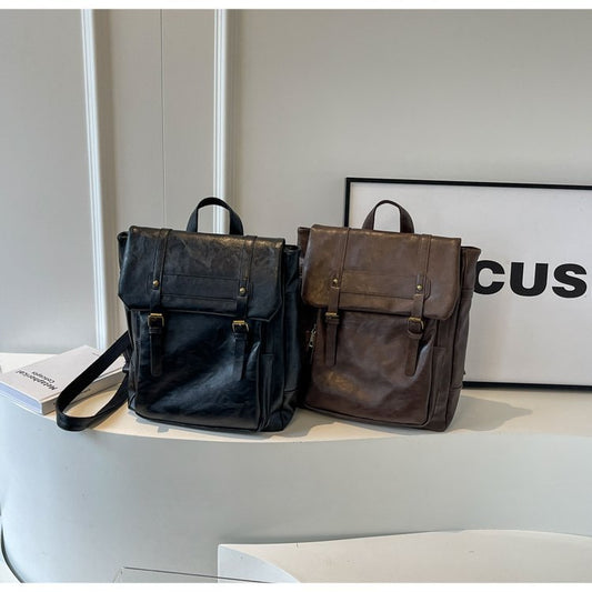 Brown Vintage Style PU Leather Backpack - Large Capacity Women's Rucksack for University, Commute & Travel