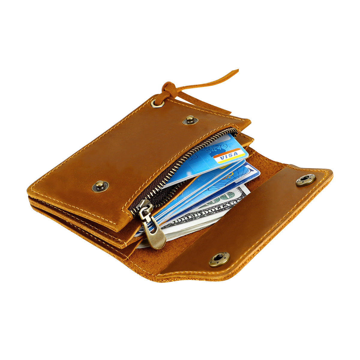 Black Vintage Handmade Crazy Horse Leather Wallet - Compact Card Holder & Zippered Coin Purse with Snap Closure