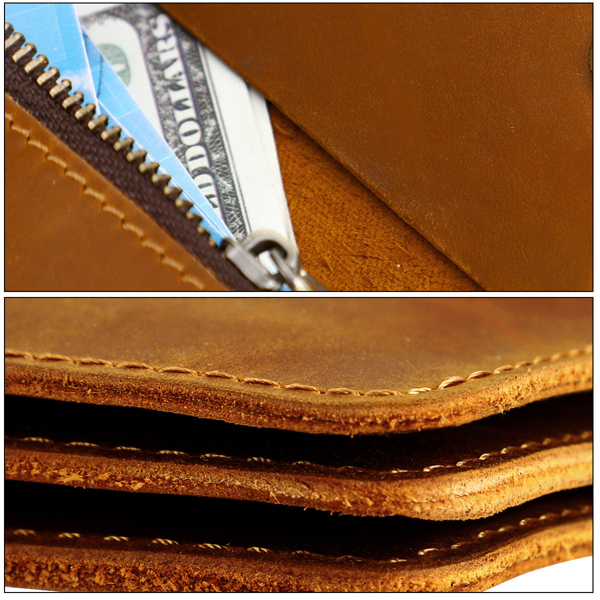 Black Vintage Handmade Crazy Horse Leather Wallet - Compact Card Holder & Zippered Coin Purse with Snap Closure