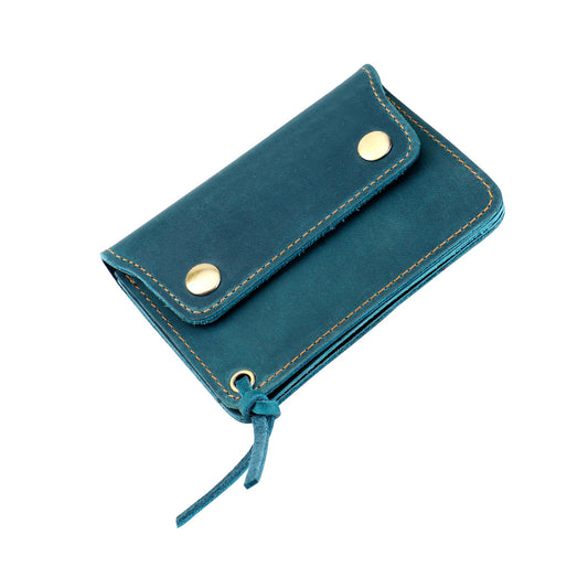 Blue Vintage Handmade Crazy Horse Leather Wallet - Compact Card Holder & Zippered Coin Purse with Snap Closure