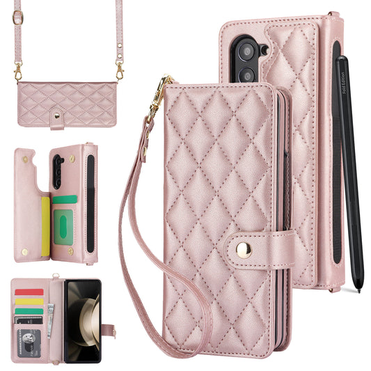 Rose Gold Galaxy Z Fold5 Multi-Functional Leather Wallet Case for Samsung Z Fold Series - Crossbody with Pen Slot, Quilted Design Pen Not Included - The Cool Collective AU