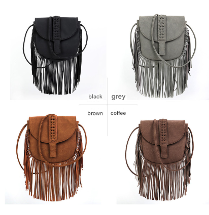 Coffee Chic Bohemian Fringe Crossbody Bag - Suede-Look PU Leather with Braided Detail & Adjustable Strap