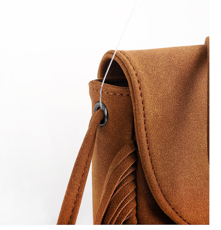 Coffee Chic Bohemian Fringe Crossbody Bag - Suede-Look PU Leather with Braided Detail & Adjustable Strap