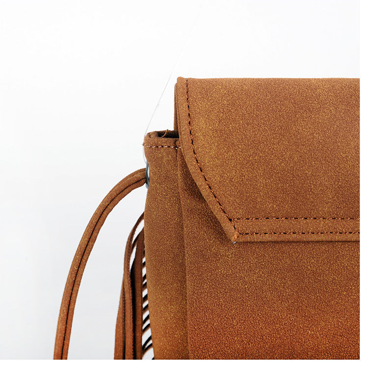 Coffee Chic Bohemian Fringe Crossbody Bag - Suede-Look PU Leather with Braided Detail & Adjustable Strap