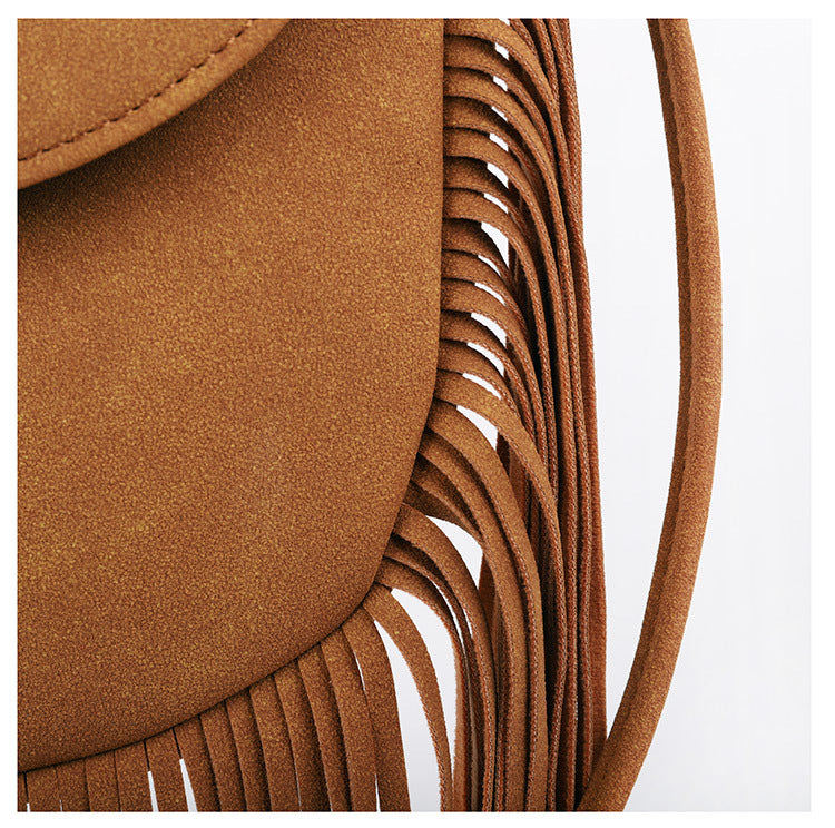 Coffee Chic Bohemian Fringe Crossbody Bag - Suede-Look PU Leather with Braided Detail & Adjustable Strap