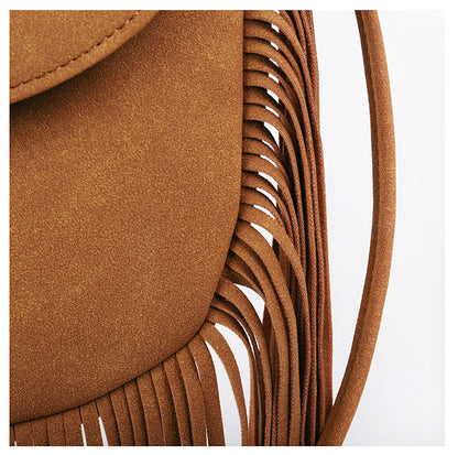 Coffee Chic Bohemian Fringe Crossbody Bag - Suede-Look PU Leather with Braided Detail & Adjustable Strap