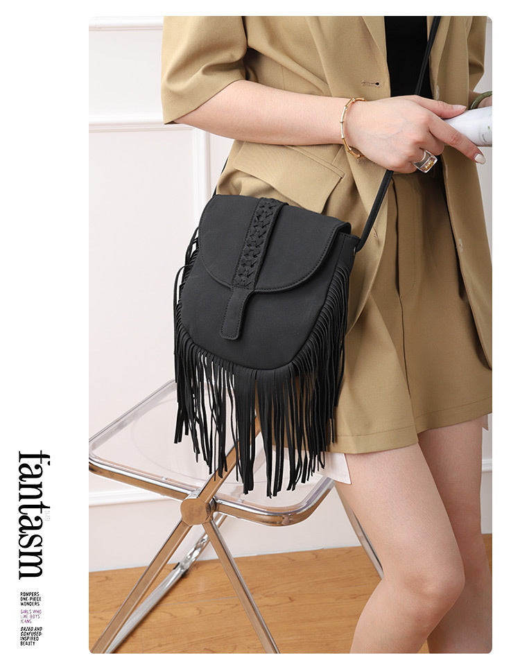 Coffee Chic Bohemian Fringe Crossbody Bag - Suede-Look PU Leather with Braided Detail & Adjustable Strap