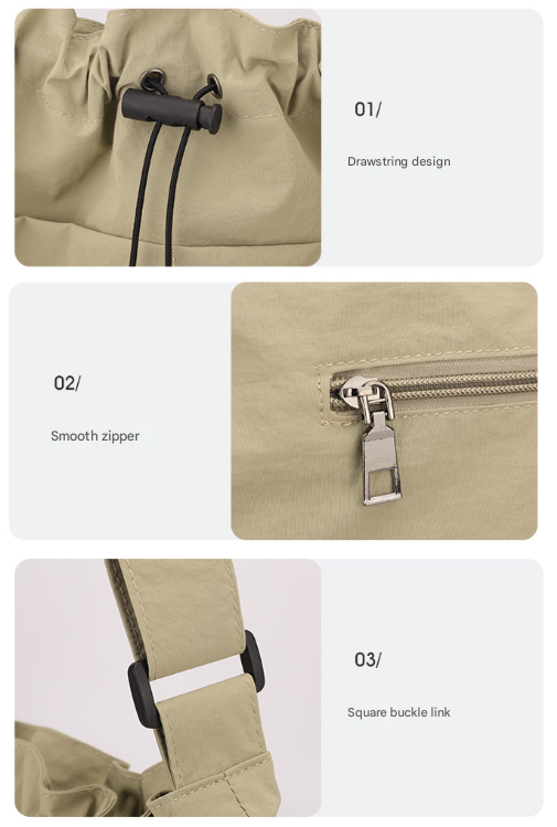 Green Chic Lightweight Nylon Drawstring Tote Bag - Multi-Pocket Casual Shoulder & Crossbody