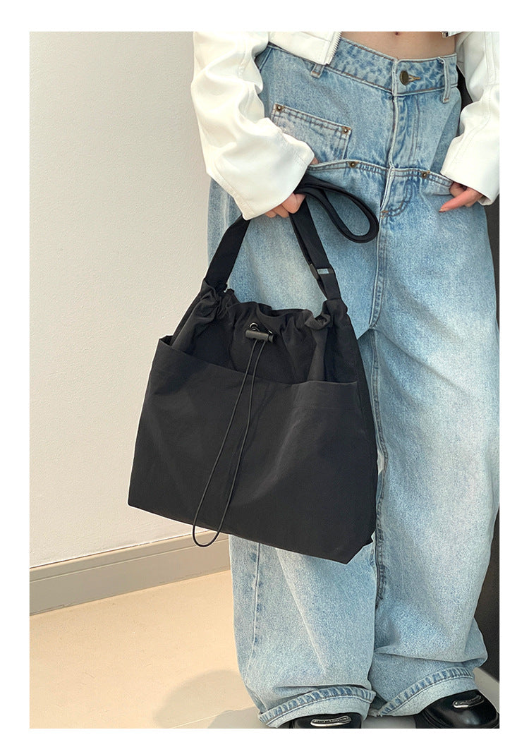 Green Chic Lightweight Nylon Drawstring Tote Bag - Multi-Pocket Casual Shoulder & Crossbody