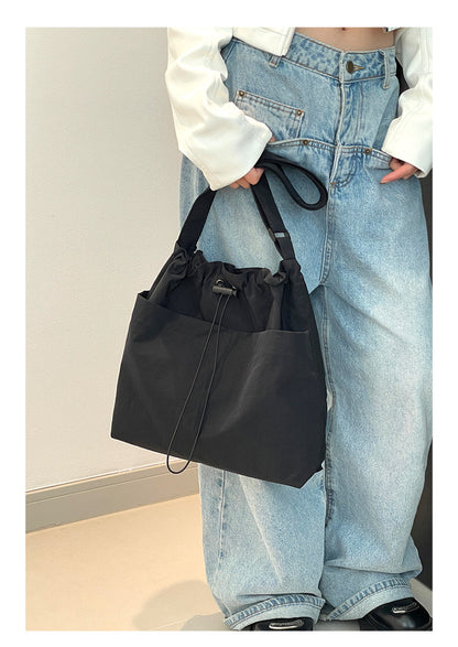 Green Chic Lightweight Nylon Drawstring Tote Bag - Multi-Pocket Casual Shoulder & Crossbody