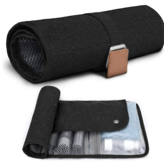 Black Men's PU Leather Toiletry Bag - Waterproof Travel Organizer for Shaving Kits & Bathroom Accessories (50.8x25.4 cm unfolded, 25.4 cm rolled)