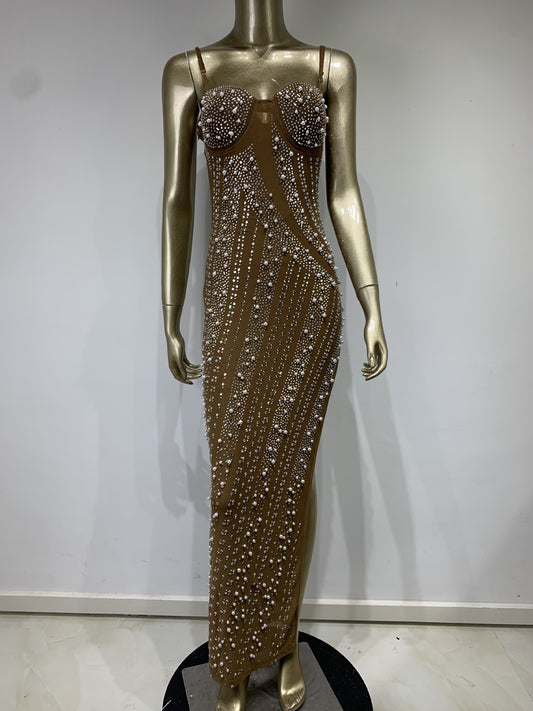 Water Diamond Beaded High-Split Low-Cut Strap Dress – Luxurious Party Evening Gown - The Cool Collective AU