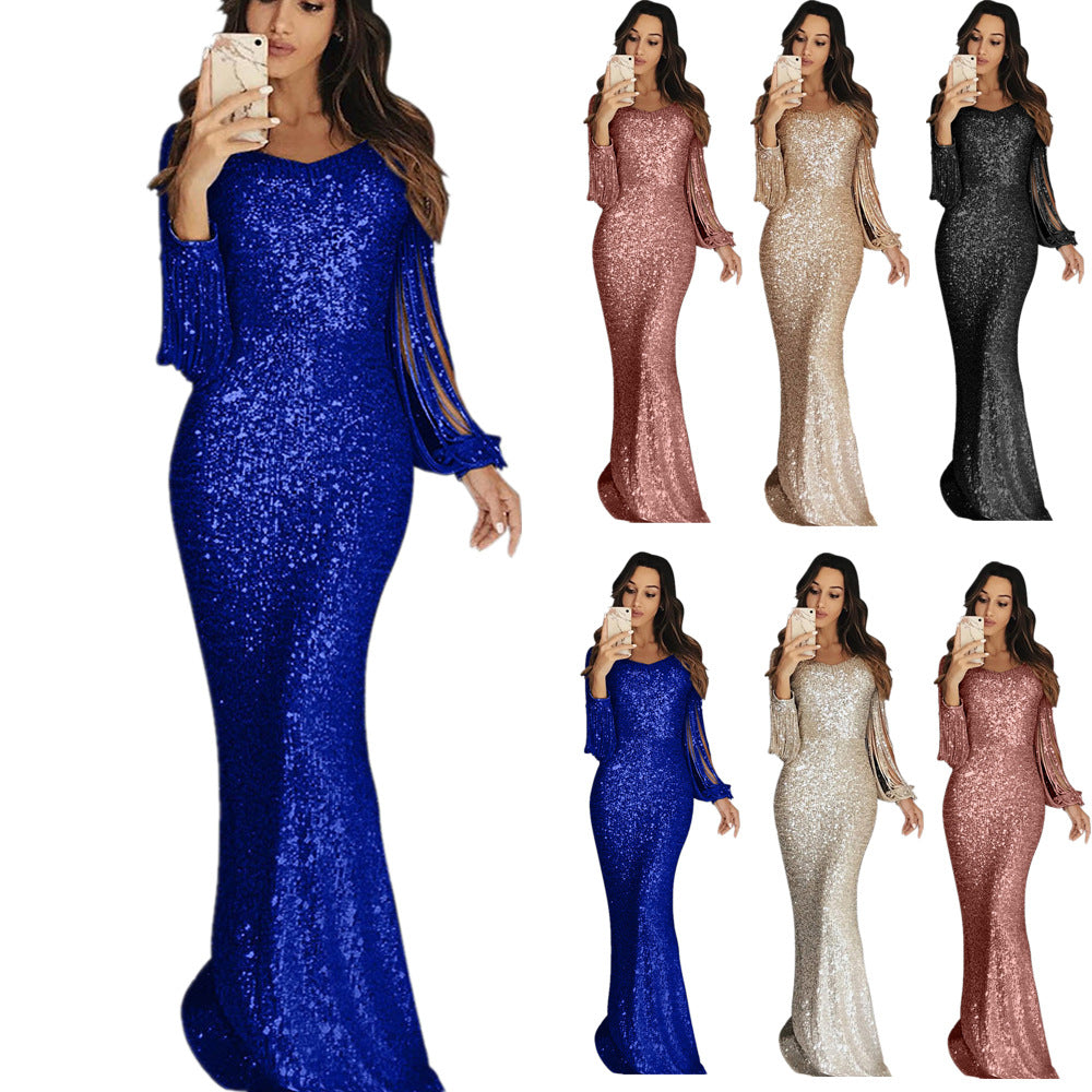 Women's Long Dress Evening Dress Long Sleeve Fringe Dinner Dress - The Cool Collective AU