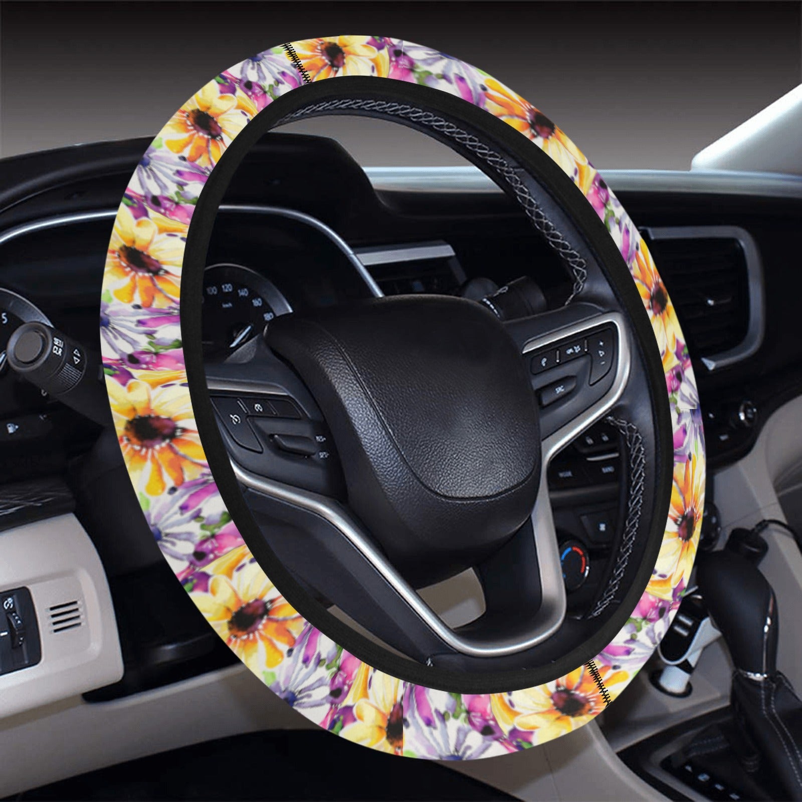 Watercolour Floral Bouquet Steering Wheel Cover with Elastic Edge - The Cool Collective AU
