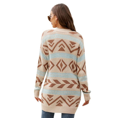 Autumn And Winter Female Diamond Loose Knitted Cardigan Jacquard Medium - Length Sweater Jacket - Brown - L - The Cool Collective AU