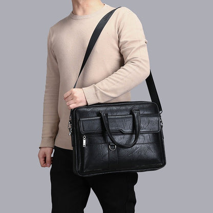 Black Men's PU Leather Briefcase - Vintage Style Laptop Messenger Bag, Crossbody Satchel for Business & Casual - The Cool Collective AU