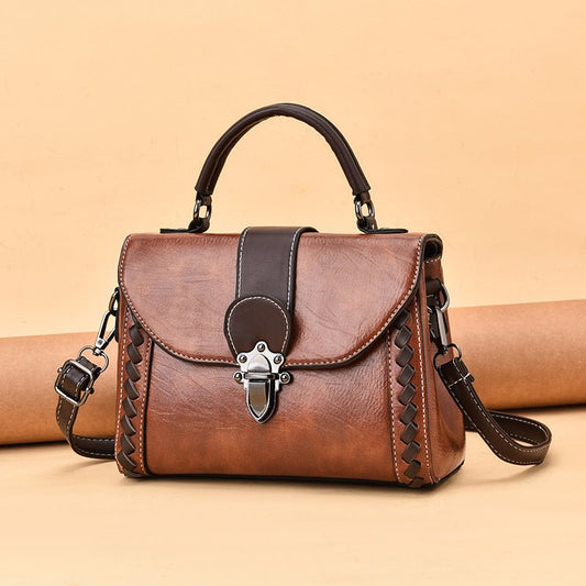 Brown Elegant Women's PU Leather Top Handle Satchel - Versatile Crossbody Bag with Classic Clasp & Braided Detail - The Cool Collective AU
