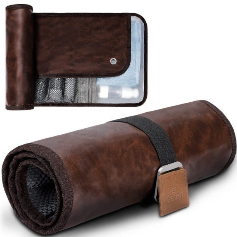 Brown Men's PU Leather Toiletry Bag - Waterproof Travel Organizer for Shaving Kits & Bathroom Accessories (50.8x25.4 cm unfolded, 25.4 cm rolled) - The Cool Collective AU