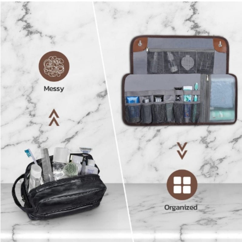 Brown Men's PU Leather Toiletry Bag - Waterproof Travel Organizer for Shaving Kits & Bathroom Accessories (50.8x25.4 cm unfolded, 25.4 cm rolled) - The Cool Collective AU