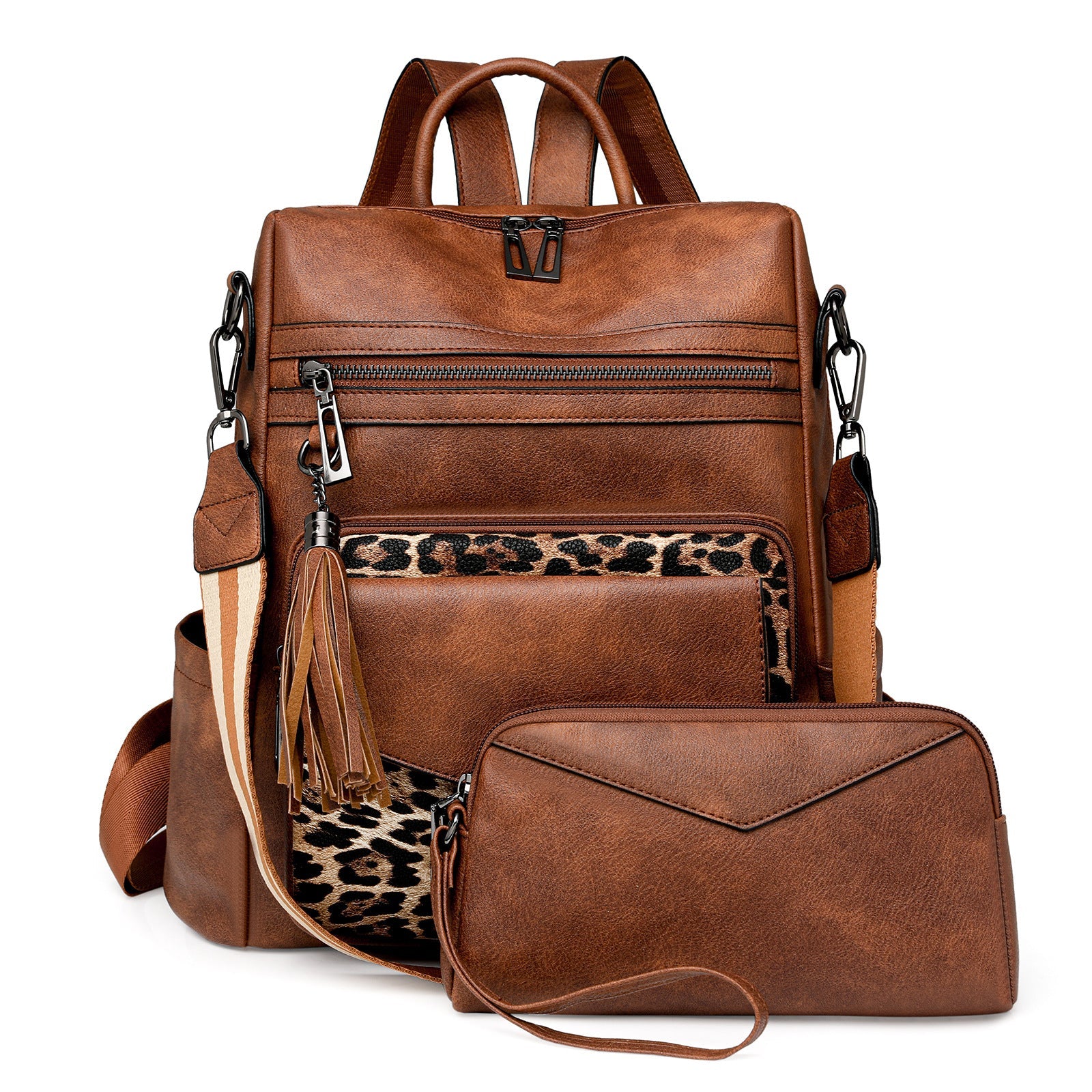 Brown with Leopard Print Women's Retro PU Leather Backpack - Dual - Color Tassel Design, Winter High - End Style - The Cool Collective AU