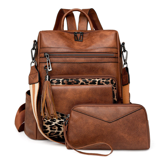 Brown with Leopard Print Women's Retro PU Leather Backpack - Dual - Color Tassel Design, Winter High - End Style - The Cool Collective AU