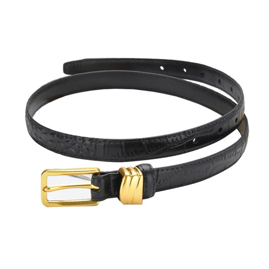 Genuine leather with Crocodile pattern pin buckle thin belt jeans belt for women (Black) - The Cool Collective AU