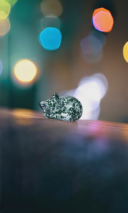Spotted Green Bare Stone Crystal Sleeping Cat - Mineral Specimen & Home Decor Gift