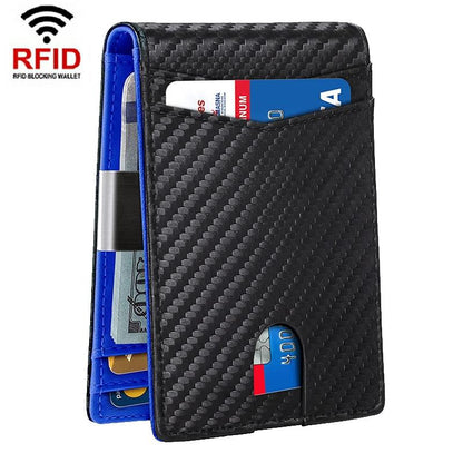 Rfid - protected Leather Credit Card Wallet - Secure & Stylish - Carbon Fiber Black Blue Inner - The Cool Collective AU